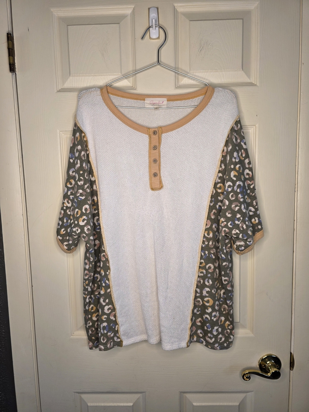 Cozy Contrast Henley Top - White with Taupe Leopard Panels